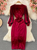 Winter Women Black/Red Draped Bodycon Midi Dress Vintage V-Neck Mesh Patchwork Long Sleeve High Waist Vestidos 2023