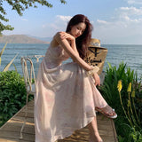 Zingj Temperament Sexy Dew Back Broken Flower Condole Belt Skirt Female 2023 Summer New Style Dozen Pull Collect Waist Thin Money Chiffon
