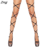 Women Girls Solid Sexy Lingerie Bandage Fishnet Stockings Thigh-High Rhinestone Leg