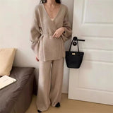 2025 New Fashion Retro Lazy Knitted Set Women's Cardigan Jacket Wide Leg Pants Two