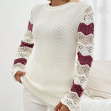 And Winter New Sweater Women's Knitted Stripes Hit The Hollow Sleeve Round Collar
