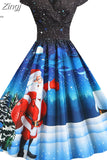 Santa Claus Print Vintage Women Elegant Christmas Party Dress Robe Femme 3XL Casual V Neck Winter Midi