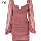 Backless Pleated Dress Women New Year 2023 Elegant Casual Solid Double Layer Mesh Mini Evening Dresses Female
