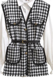 Lantern Sleeve Shirt Women Houndstooth Tweed Vest 2 Two Piece Set 2023 Spring Autumn Womens Shirts Sets Sleeveless Tops