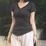 Trendy Base Simple Stripe Bump V Collar Three Buckle Short-Sleeved T-Shirt Top 2025