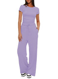 Suit Folding 2025 New Solid Short-Sleeved Top High-Rise Broad Leg Pants