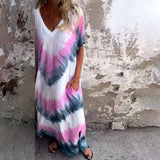 Summer New Women's Casual Loose Short-Sleeved V-Neck Open Fork Dyed Long