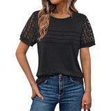 Summer New Women's Casual Loose Round-Neck Lady T-Shirt Solid Color Lace