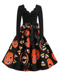 Women Halloween Christmas Party Dress Long Sleeve V Neck Pumpkin Print Vintage Casual A-line Dresses Vestidos