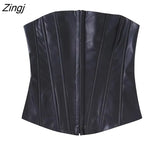 Women Sexy Strapless Corset Style PU Leather Blouse Femme Summer Buckle Up Short Smock Shirt Chic Crop Blusas Tops