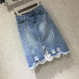 VAREY LIN 2025 New Spring Women Denim Skirts Casual Lace Irregular A-line Skirts High Waist Hole Split Denim Skirt Lady 211-0-Outfit