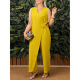 Summer New Women's Pure Color Loose Casual Strap Cotton Linen Jumpsuit V