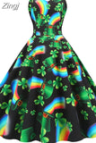 Sexy Spaghetti Strap Summer Dress Women Green Floral Print High Waist Slim Elegant Vintage A-Line Midi Dress