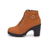 High Heel Single Boots Belt Buckle Women's Shoes Thick Heel Short Boots Round Head Martin Boots Women's Lace And Bare Boots
