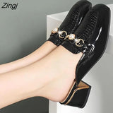 Women Baotou Half Slippers 2023 Fashion Metal Chain Square Toe Thick Heel British Style Office Casual Shoes Spring