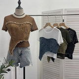 Solid Shooting Denim Splicing Mesh Yarn Short-Sleeved T-Shirt Summer Dress Irregularly Short High-Waist Repair Body Coat