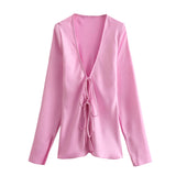 2025 New Women's Loose Bow Trim Silk Satin Texture Shirt Women