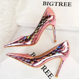 Shoes New Patent Leather Woman Pumps Metal Stone Pattern High Heels Designer Women Heels Stiletto Female Pumps Size