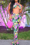 Colorful Print Two Piece Sets Women Summer Sleeveless Bandage Wrapped Camisole Vests+Long Skirts Lady Party