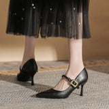 Pointed Mary Jane Shoes Women's 2025 New Fine Heel Soft Leather Single Shoes One-Word Buckle Fashion Pointed High