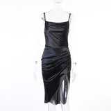 Dress Women Summer Satin Party Dress Black V-Neck Hight Side Split Sexy Mini Dress Women Ruched Skinny Elegant