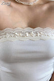Women Sexy Strapless Tube Tops Y2K Lace Patchwork Tank Camis Fairy Off Shoulder Backless Ribbed Mini Vests Crop