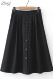 Women Summer Cotton Skirt Girls Elegant Solid Elastic Waist Spring Casual Single-Breasted Office Ladies A-Line Midi Skirt