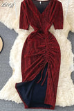 Drawstring Bodycon Dress Women Short Sleeve High Waist Red/Green/Khaki Sheath Party Vestidos Summer High End 2023