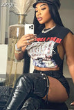 Letter Print Crop Tops Women Sleeveless Casual 2023 Hipster Side Split Tanks Female Summer Trendy Streetwear