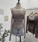 Real Shooting Spice Girls Shoulder Mesh Sun Hooded Sling Sling Long-Sleeved T-Shirt Top Two Sets Of Women