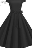 Women Vintage Dress 50S 60S Short Sleeve Casual Elegant Retro Office Party Midi Dress Robe Femme Solid