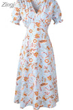 Women Summer Chiffon Midi Dress 2023 Floral Print V Neck Puff Short Sleeve A-Line Elegant Vintage Boho Beach