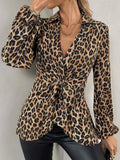 Top 2025 Spring New Leopard Print Tie With V-Neck Temperament Long-Sleeved