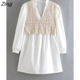 Women Fashion V Neck Lace Crochet Patchwork White Mini Dress Female Chic Long Sleeve Lace Up A Line Vestidos