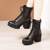 Leather Net Gauze Martin Boots Summer 2023 New Waterproof Table Large Size Round Head High Heels With Lace-Up
