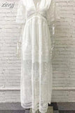 Dress Women Summer Ladies Casual Loose Embroidery Lace Long Dress Female V Neck Short Sleeves Beach Dress Vacation