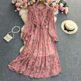 And Autumn Gentle Wind Korean Version Of Sweet Round Collar Lote Side To Receive Waist Thin A Word Broken Flower Chiffon Dress