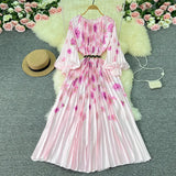 Zingj New Women's Dress Oversized Skirt Print Pleated Waist Lace Holiday