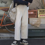 Pants Women Wide Leg Solid High Waist Japanese Thicker Winter Fashion All-match Clothing Pockets Casual