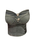 Women Summer Y2k Denim Camisole Star Crop Top Off Shoulder Sexy Streetwear Vintage Chic Strapless Tube Top Girl Fashion Tank