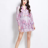 Retro Elegant Suit Collar Long Sleeves With Waist Print Dress Women's Thin Temperament Single Buckle A