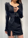 Strappy Satin Ruched Black Dress Mini Lace Spliced Side Split Sexy Dress Female Sundress Backless Ladies Dresses