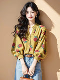 Long-Sleeved Chiffon Floral Shirt Woman 2025 Early Spring Single-Drip Design Shirt Open