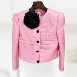 New Star Fashion Flowers Decorated Rose Buckle Ling Leather Short Jacket