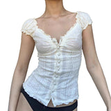 Small Fragrant Pure Girl Bubble Sleeve Strapped With Wood Ear Age Reduction Netcloak Umbilly Short-Sleeved