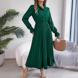 Shooting 2025 Autumn And Winter Leisure Collar Button Long Sleeves To Close The Waist 100 Folded Long Skirt Women's