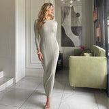 Zingj Sexy Elegant Dress Solid Color Long Sleeve Round Neck Wrap Hip Long Skirt Women's