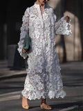 Women's Clothing Hollow Three-Dimensional Flowers Solid Color Collar Long-Sleeved Dress Loose Fashion