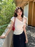Xixi 13 Line 2025 Summer New Temperament Collar Tie With Bottom Knitted Short-Sleeved T-Shirt Women's Top