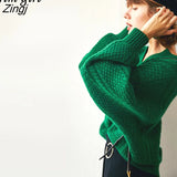 Harajuku Green Sweater Women V-Neck Long Sleeve Elegant Ladies Oversize Pullover Female Loose Knitted Jumper Casual